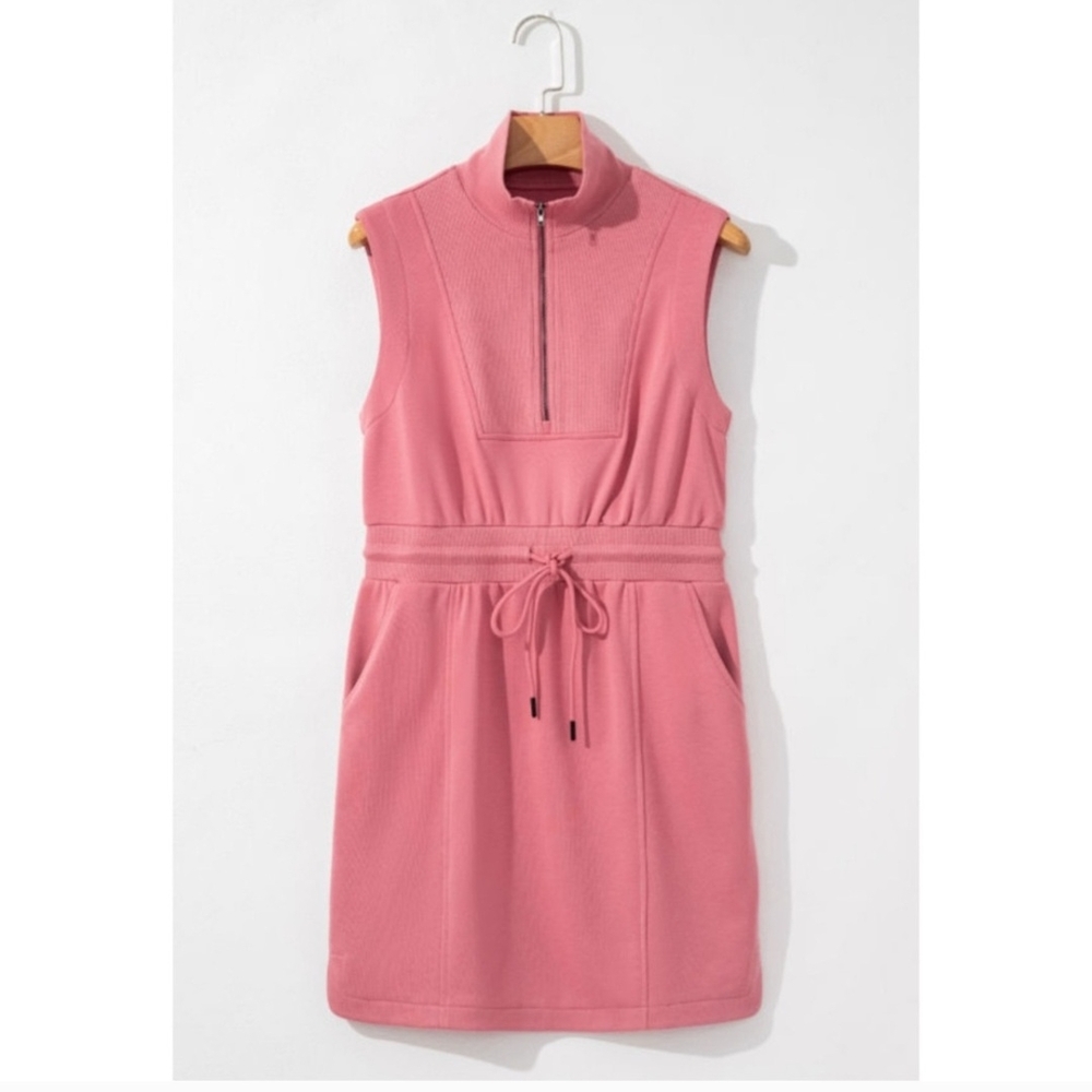 Casual Pink Zipped Polo Collar Drawstring Mini Dress S-M-L - Picture 4 of 10